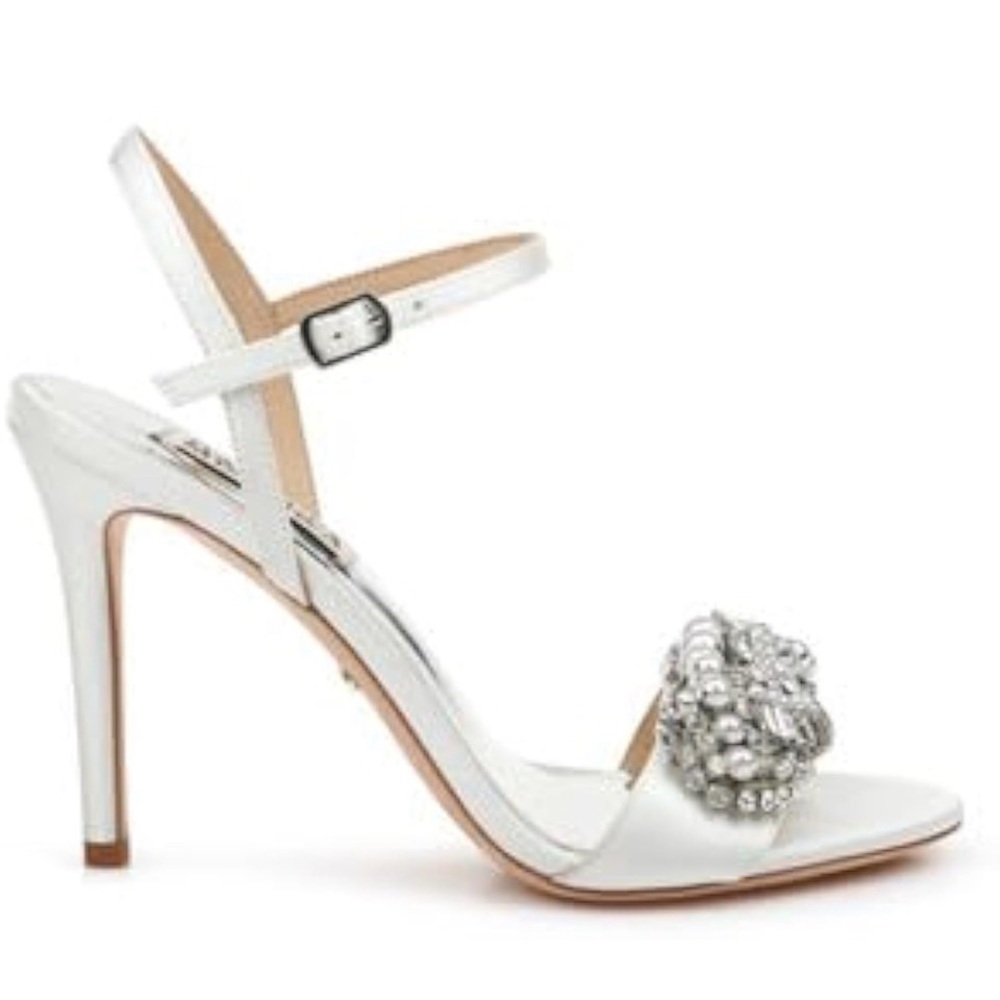 Badgley Mischka Odelia White Crystal & Pearl Embellished Open-Toe Heels - Picture 2 of 13